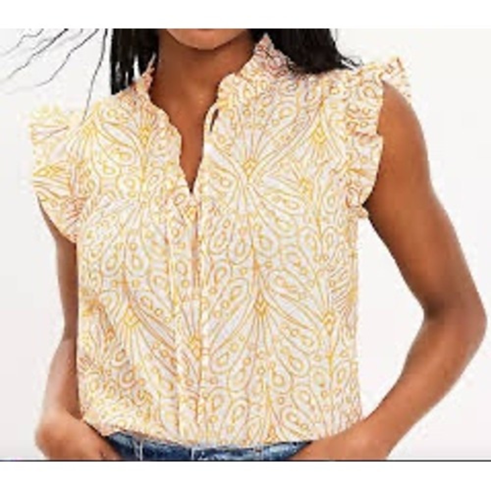 LOFT Embroidered Ruffle Top Women XXS Yellow White EUC Boho Cap Sleeve Feminine - Picture 1 of 9
